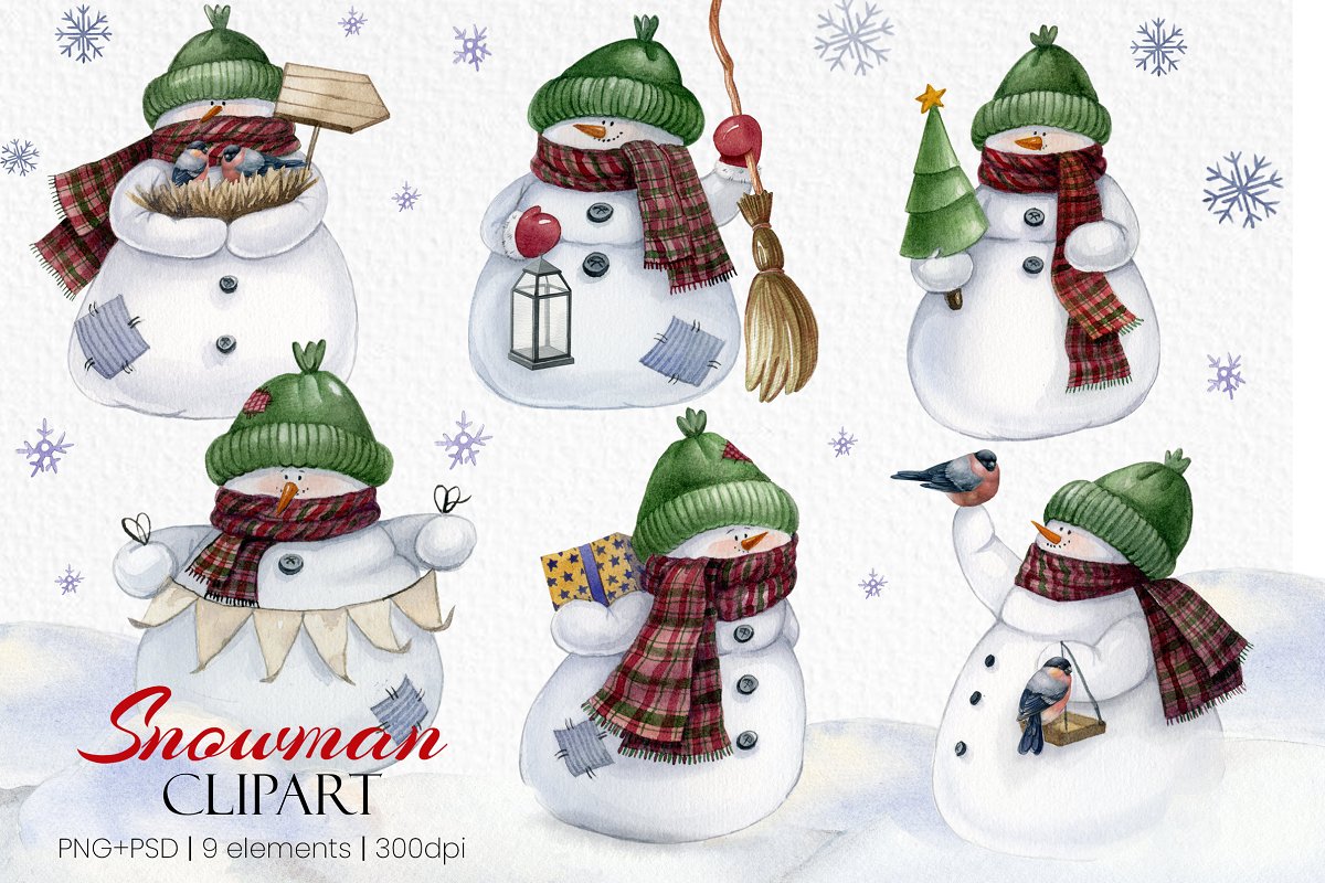 Cover image of Watercolor Christmas Snowman Clipart.