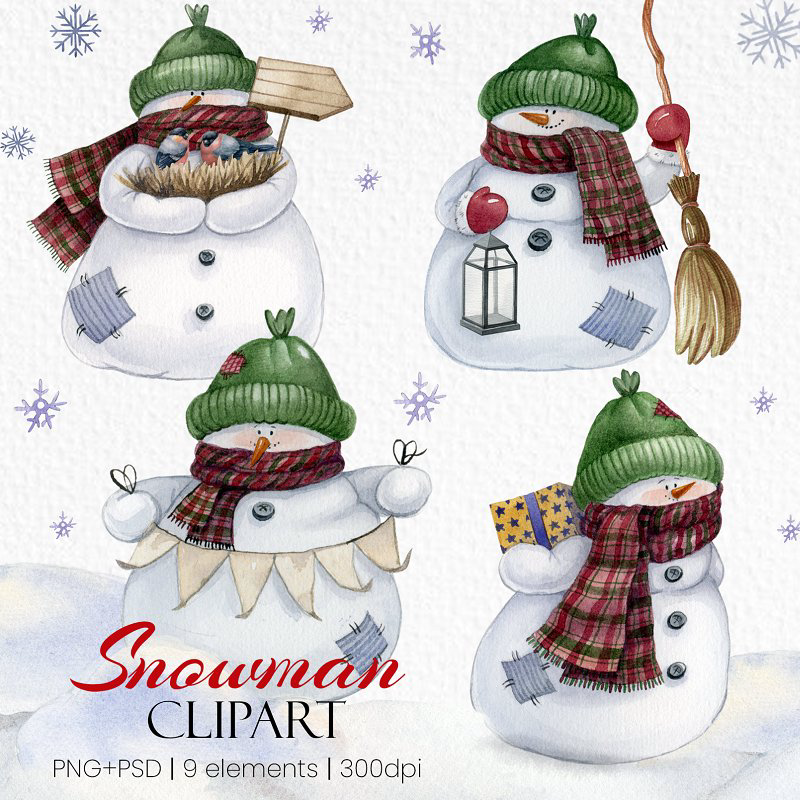 Watercolor christmas snowman clipart main image preview.