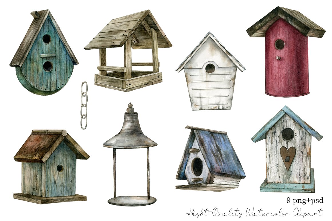 A set of 8 different birdhouses on a white background.