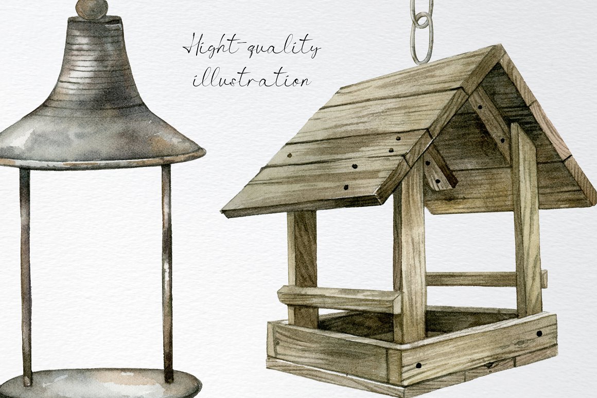Wooden and metalic birdhouses on a gray background.