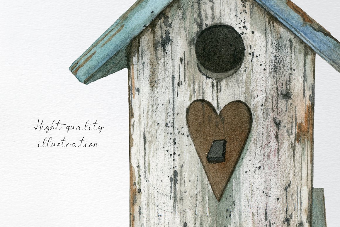 Close-up watercolor illustration of birdhouse.