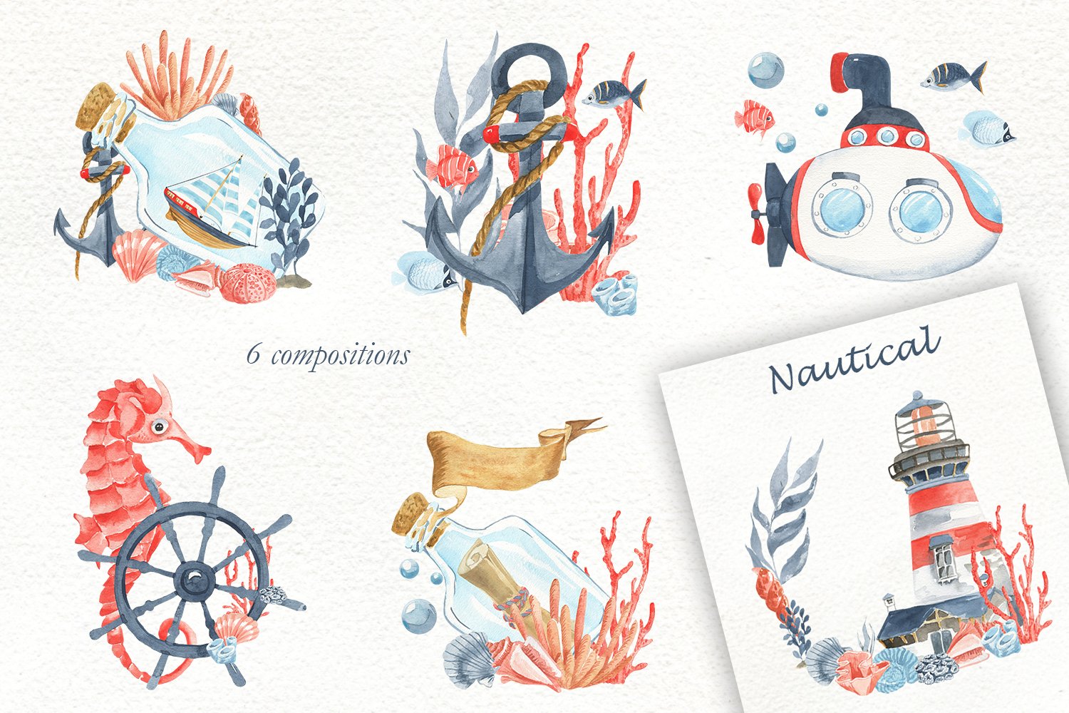 There are 6 sea watercolor compositions.