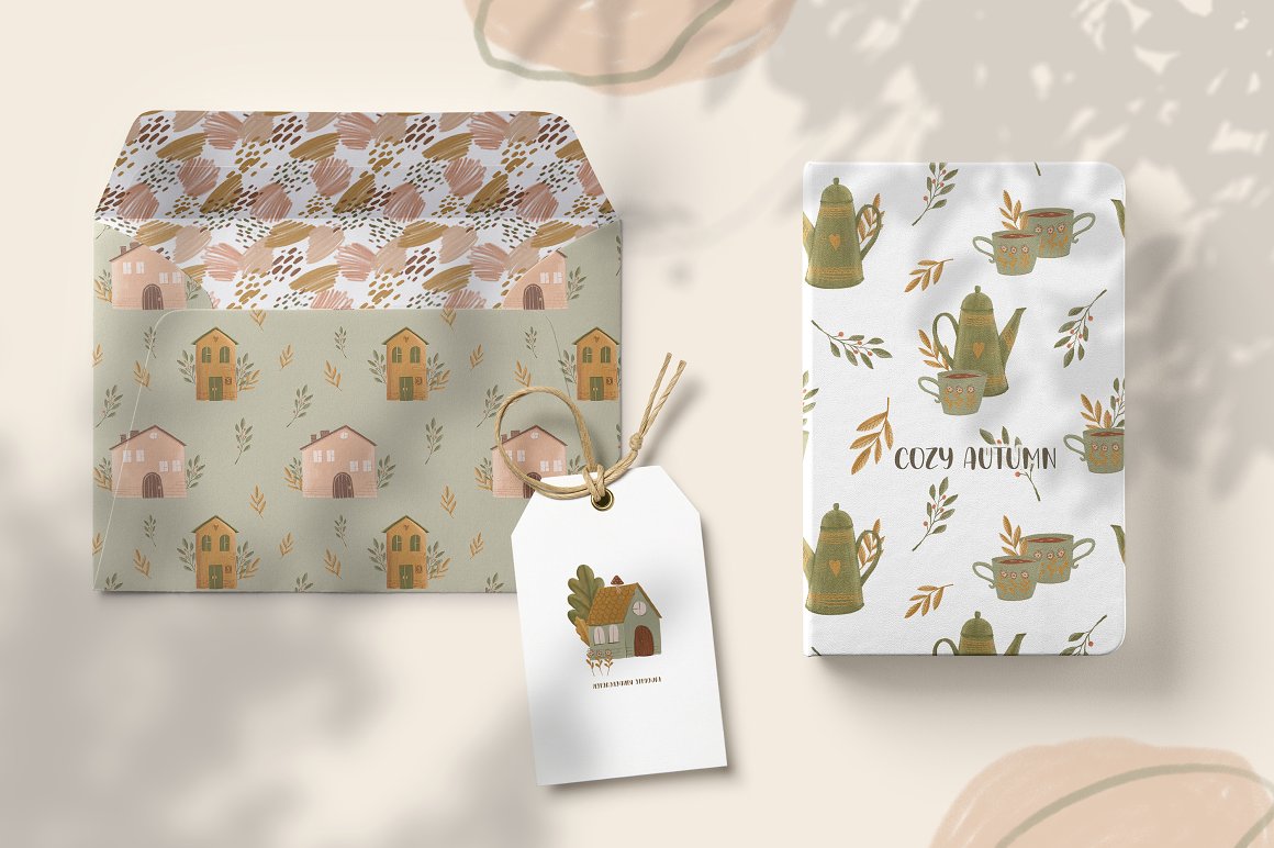 Envelope, label and notebook with fall illustrations.