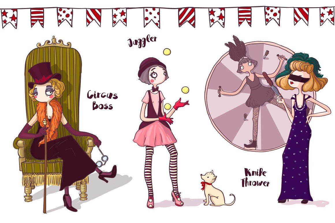 3 different illustrations of Circus boss girl, Juggler girl and Knife Thrower girl on a white background.
