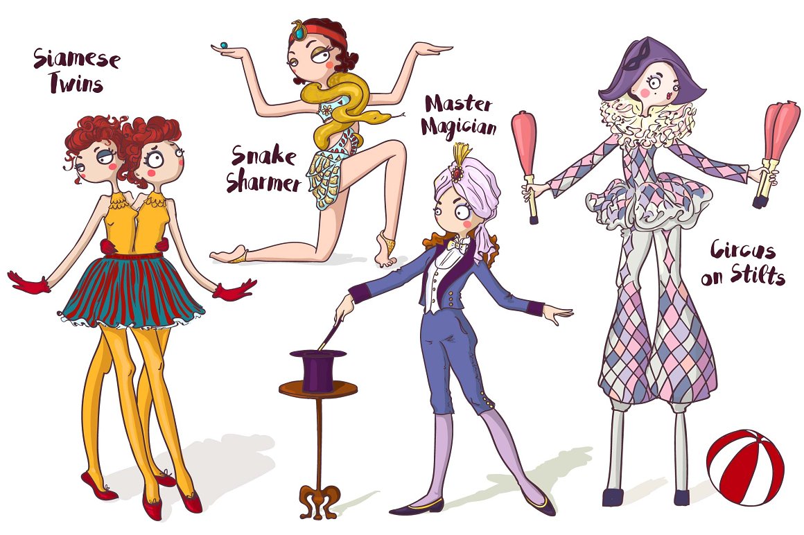 A set of 4 different circus illustrations - Siamese twins, snake charmer, master magician and circus on stilts.