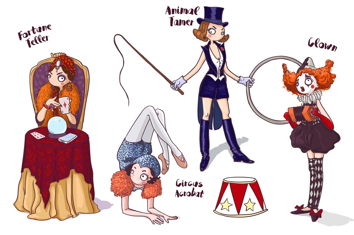 Fortune teller, animal tamer, circus acrobat and clown illustrations on a white background.