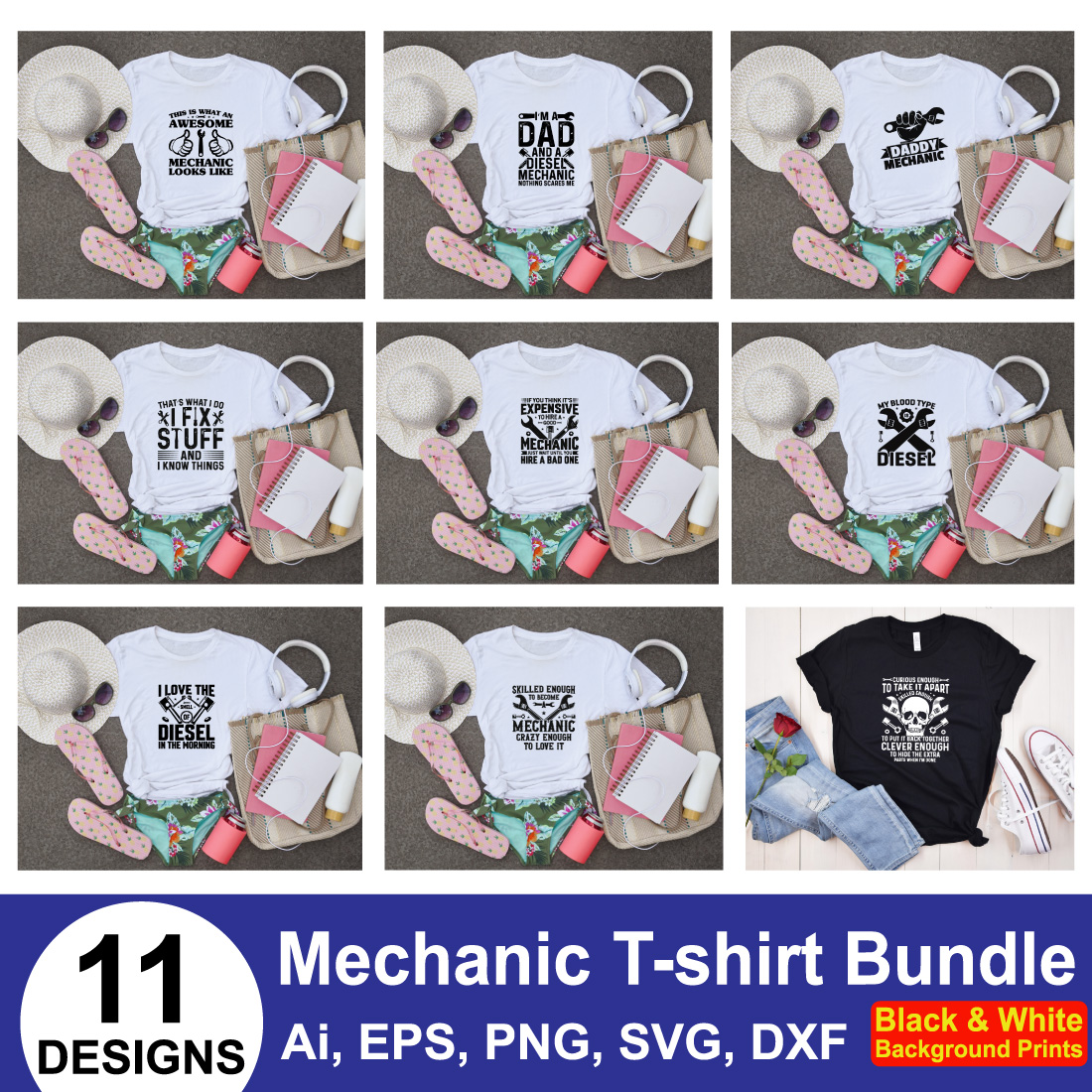Mechanic Engineering T-shirt Design different mockup previews.