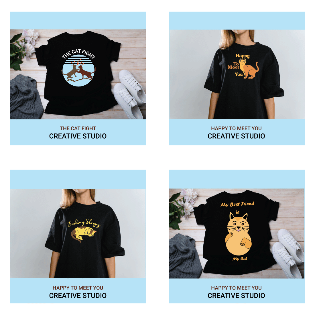 4 Funny Cat SVG T-shirt Bundle preview images.