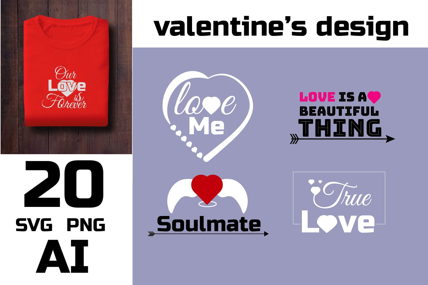 Valentine svg bundle printable design,valentine phrase and saying typography preview image.