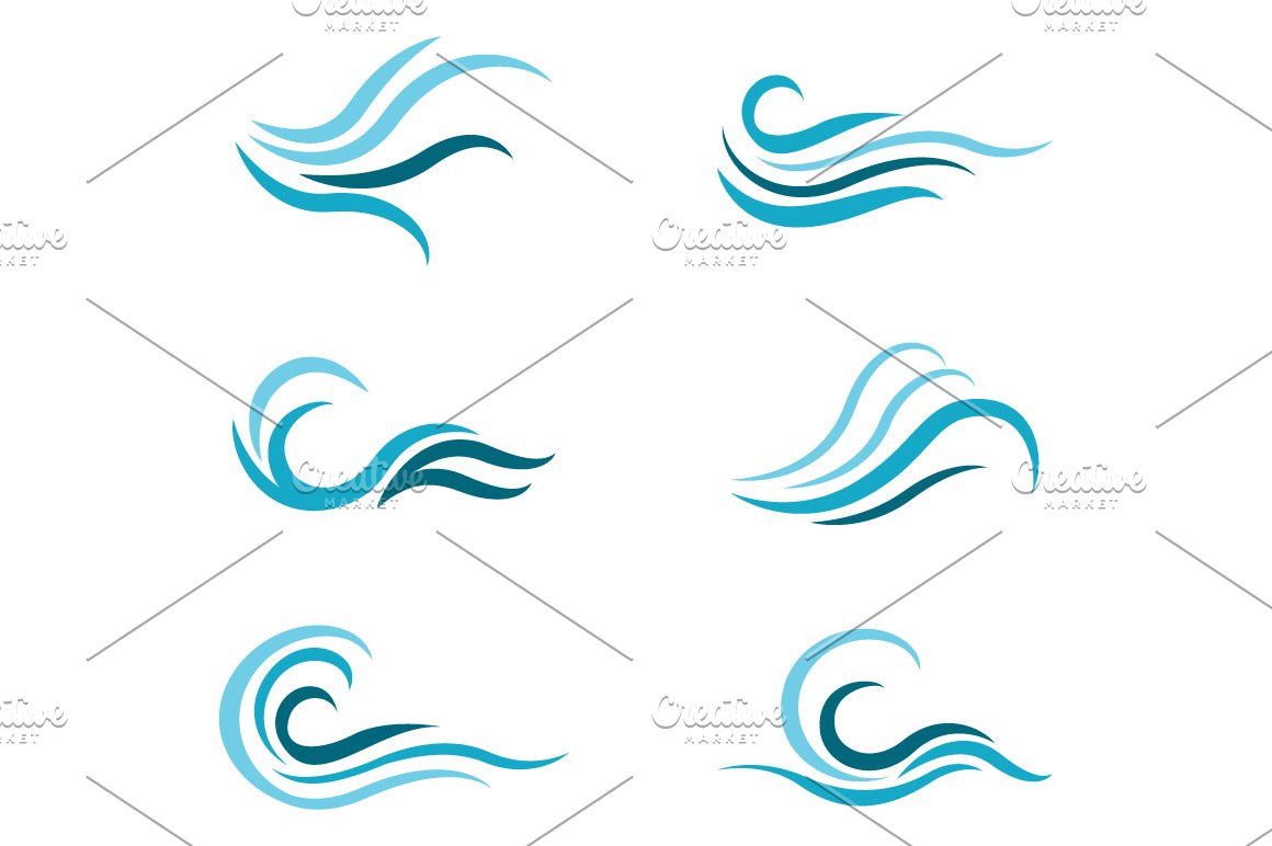 A set of 9 blue different illustrations of abstract waves on a white background.