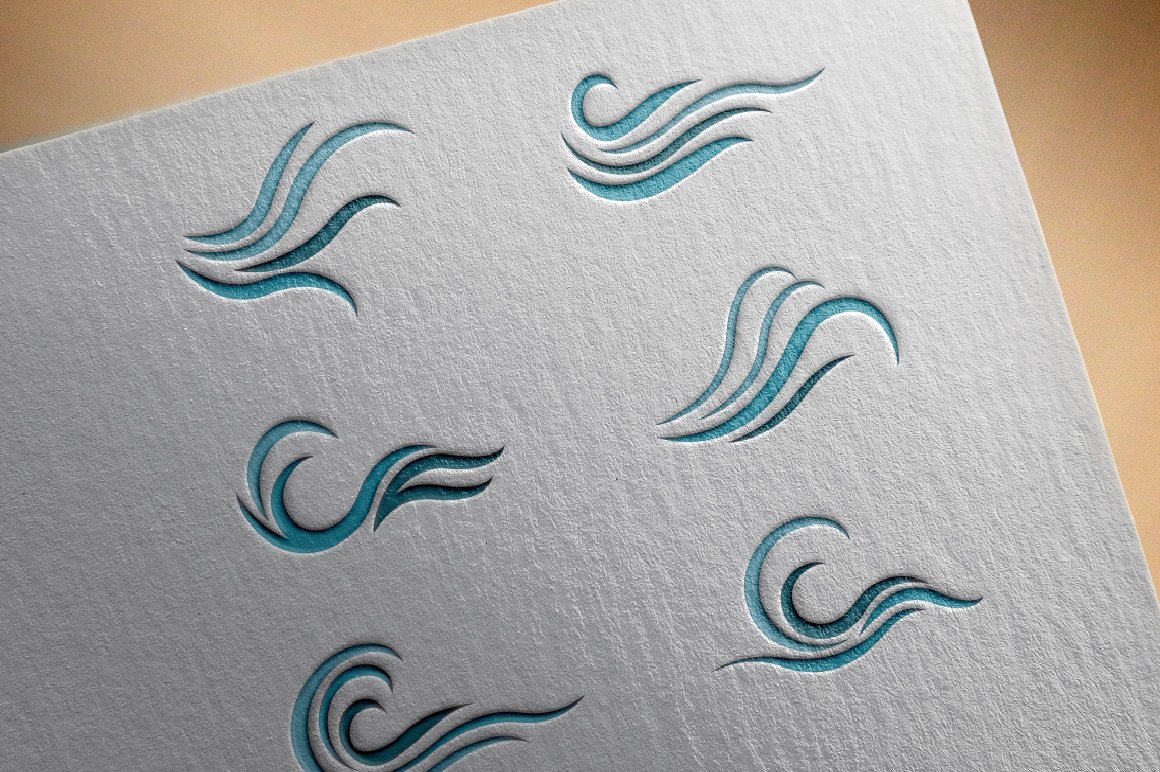 9 blue abstract waves illustrations on a gray paper.