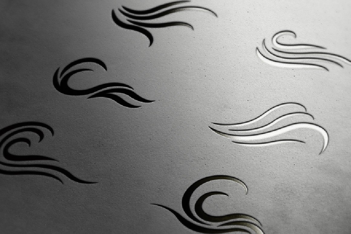 Dark gray set of 9 different illustrations of abstract waves on a gray paper.