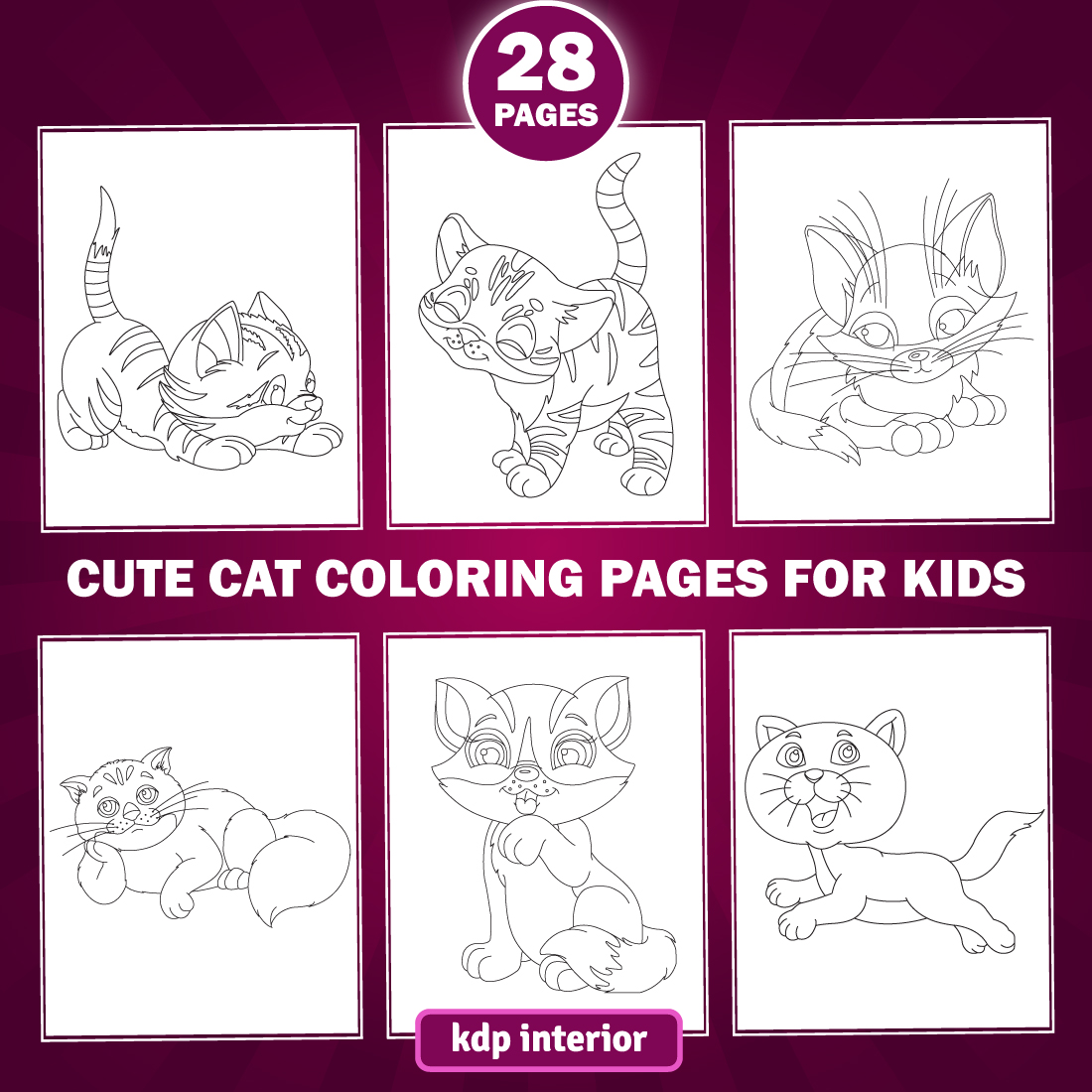28 Cute Cat Coloring Pages for KDP Interior for Kids and Adult cover image.