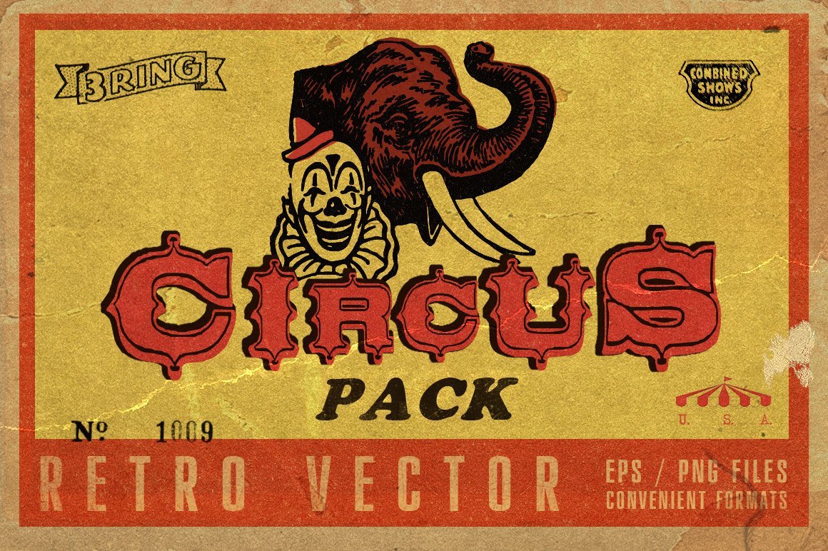 Cover with red and black lettering "Circus Pack" and illustration of clown and elephant.