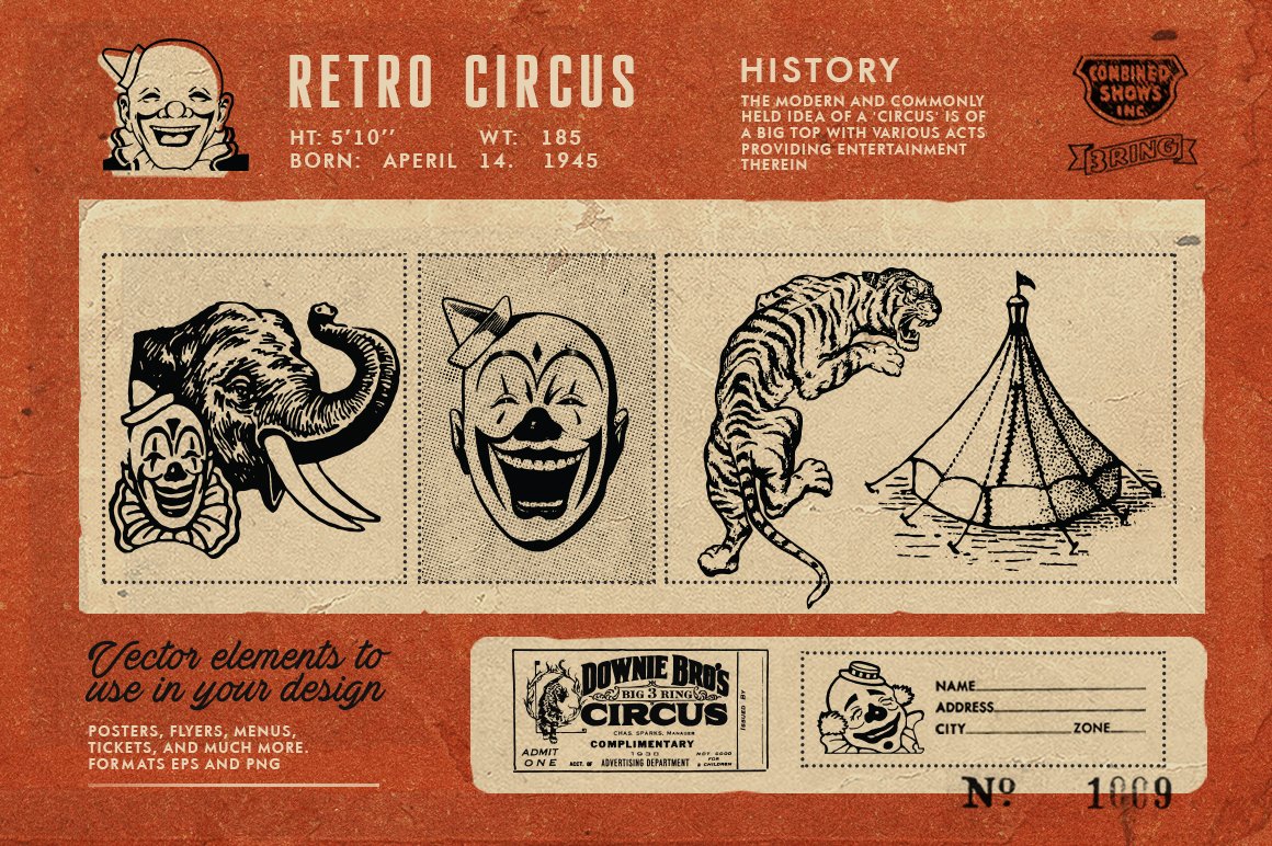 Retro illustrations of clown, elephant, tiger and circus.