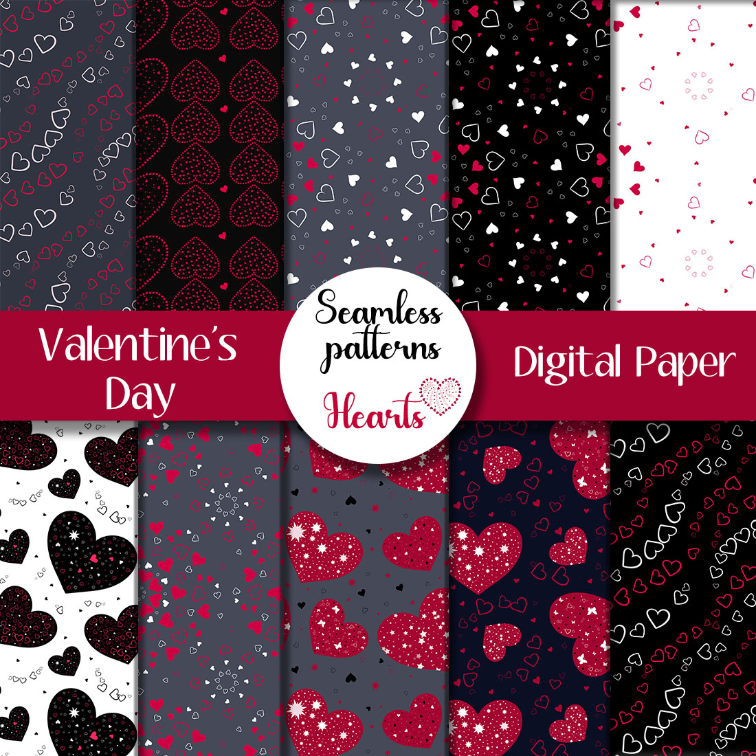Red Hearts Valentines Day Seamless Template cover image.