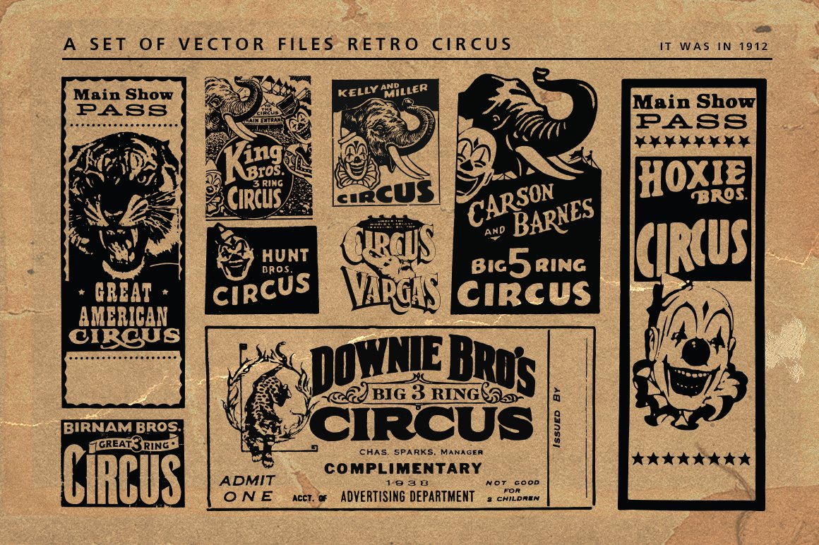 A set of different black vintage circus flyers on a beige background.
