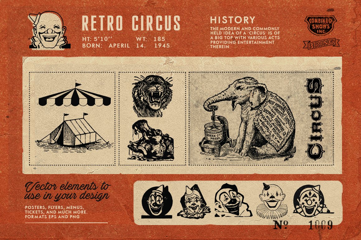 Graphic illustrations of circus, tiger and elephant on a dirty red background.