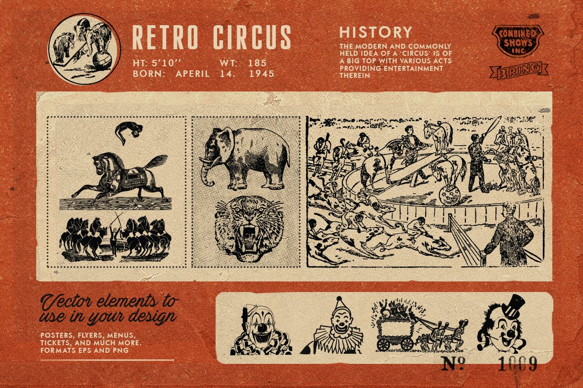 3 retro circus illustrations on a dirty red background.