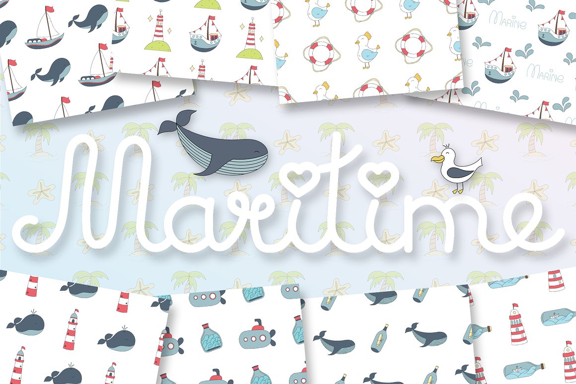 White lettering "Maritime" and 8 different sea patterns.