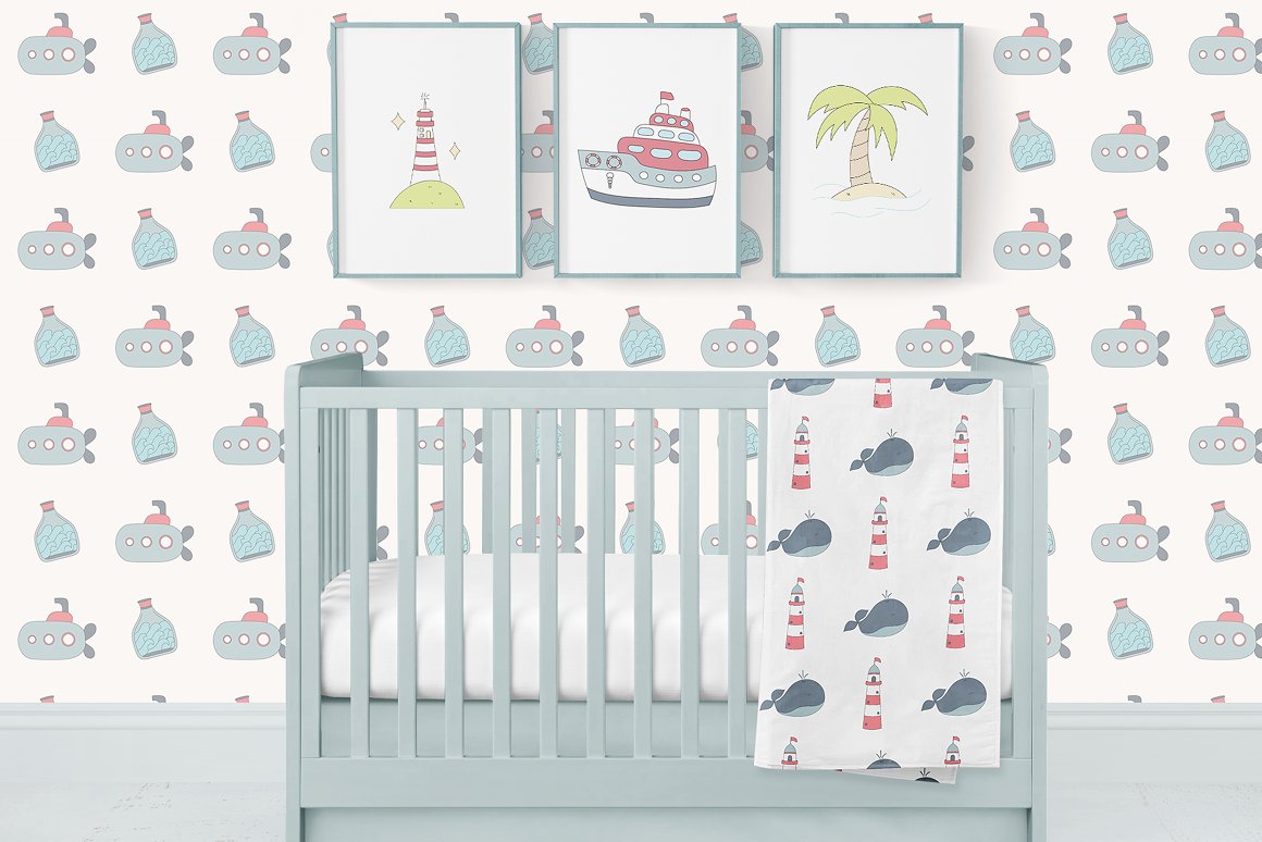 Children's room with 3 posters of sea in blue frames, wallpaper with sea patterns and diaper with sea patterns.