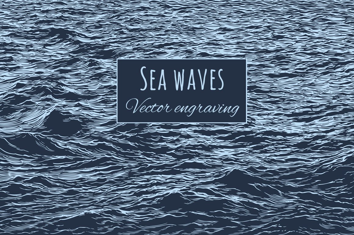 Cover with blue lettering "Sea Waves Vector Engraving" on the background of sea waves illustration.