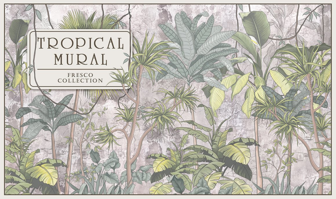 Cover with lettering "Tropical Mural" and different tropical illustrations.