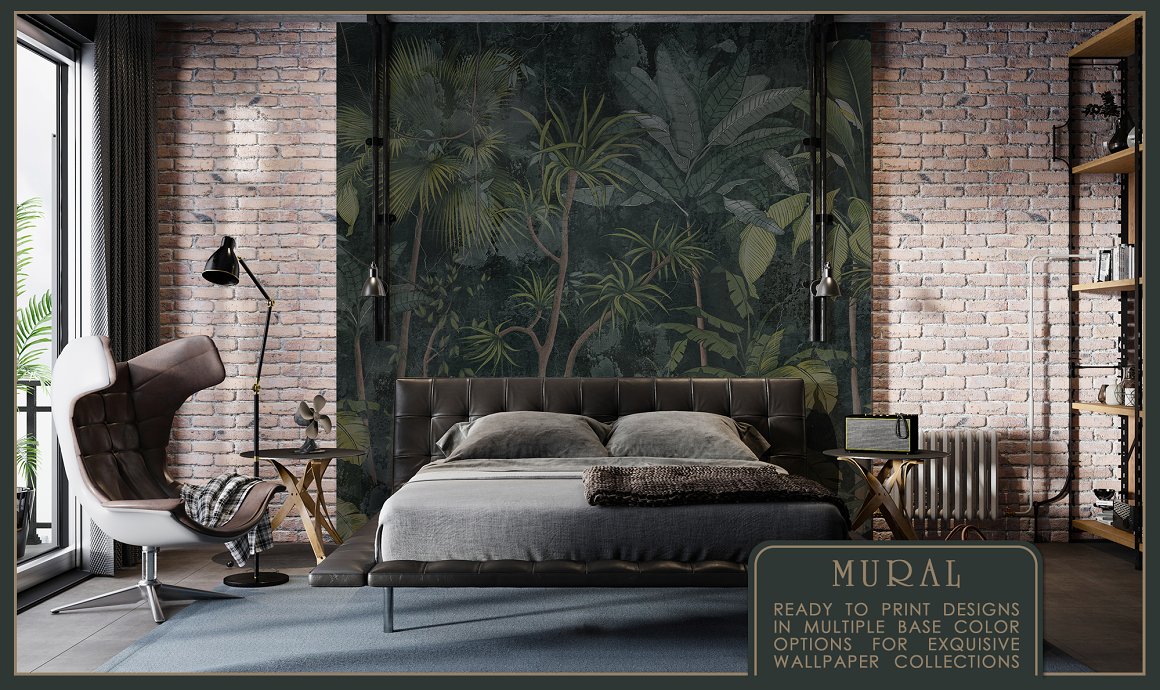 An example of bedroom with tropical mural.