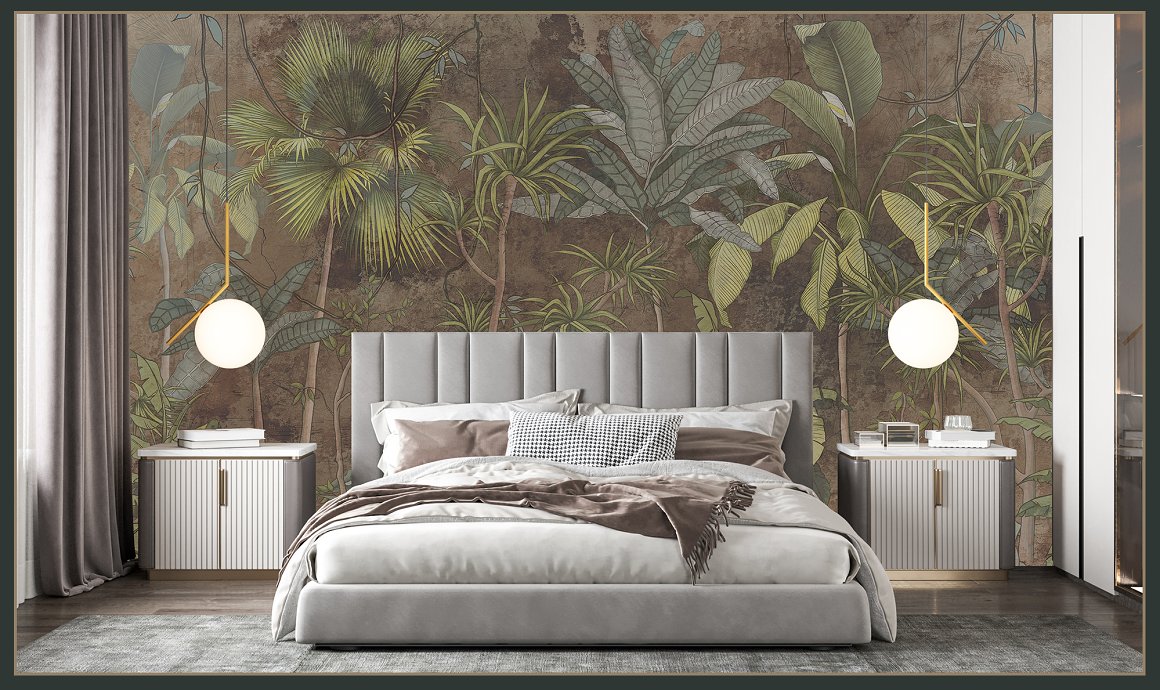 Bedroom interior with tropical wall in green.