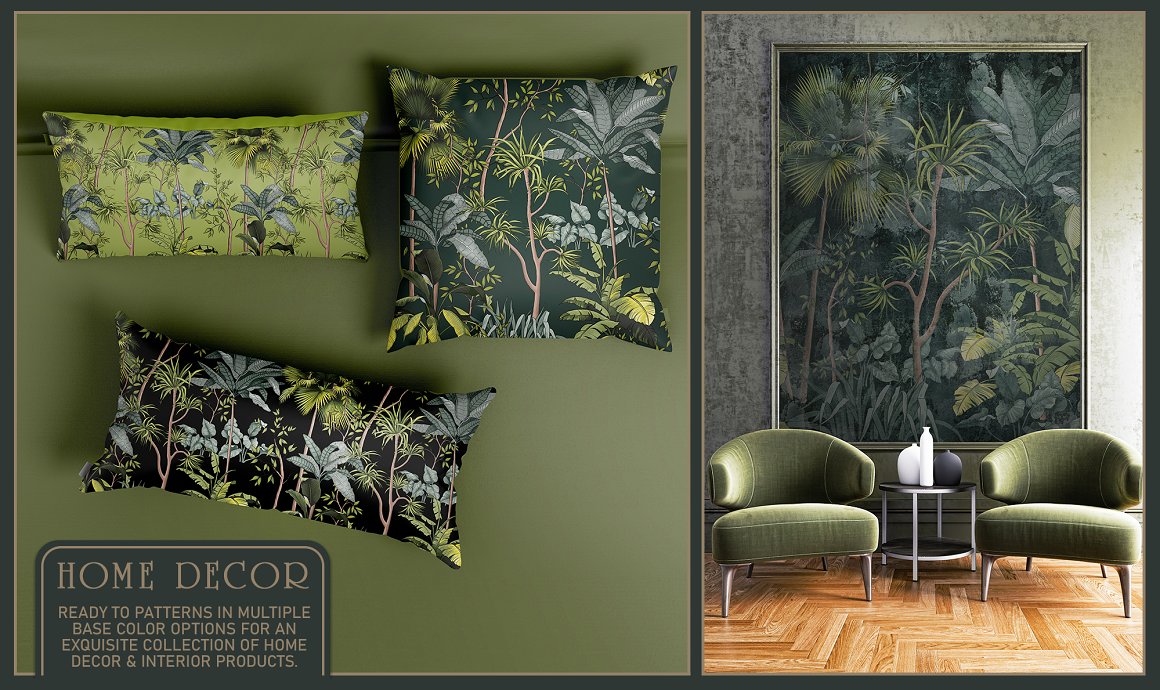 Home decor with patterns of tropical in green.