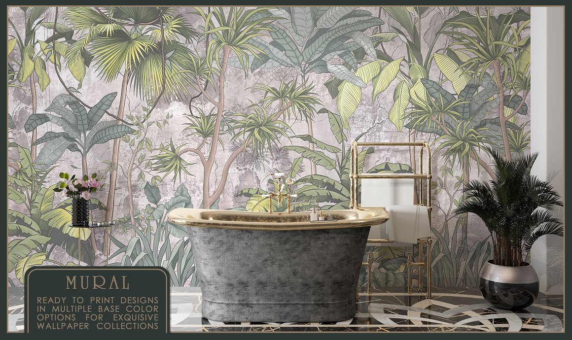 An example of bathroom with wall of tropical mural.