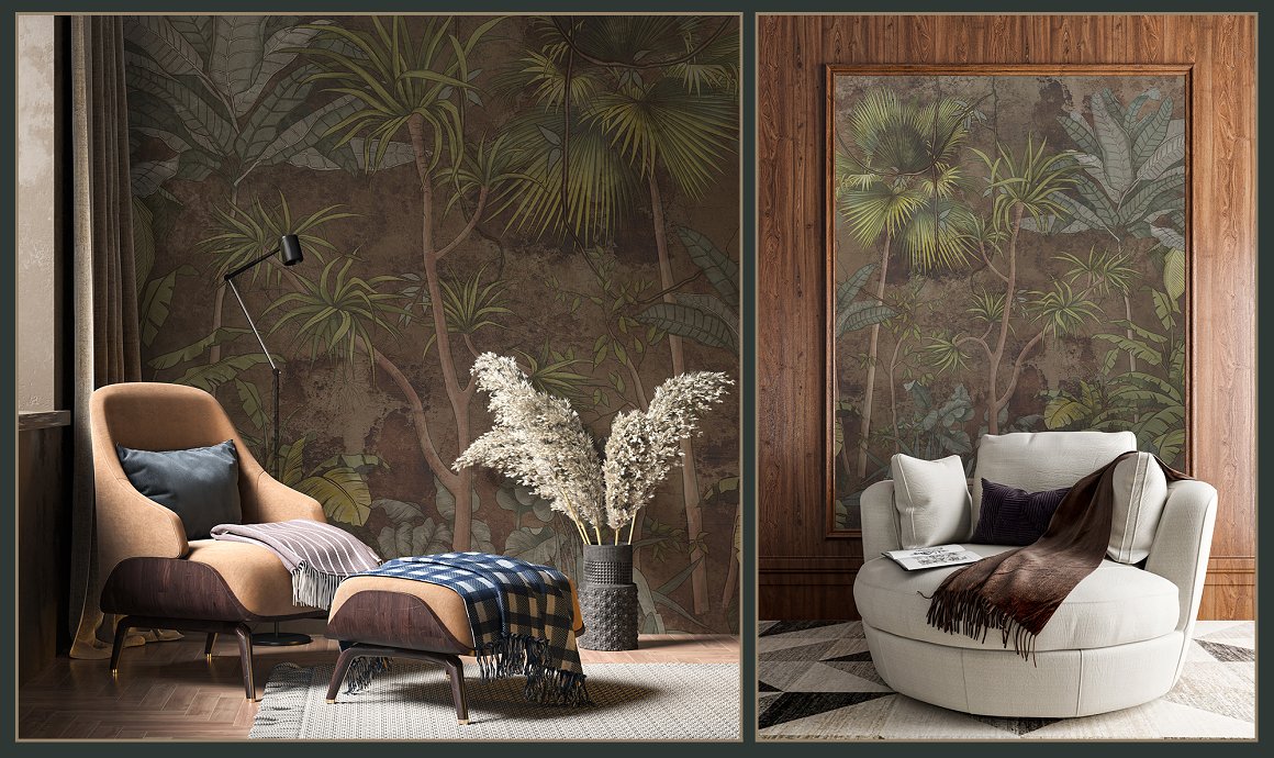 Room interior with tropical wall in 2 options.