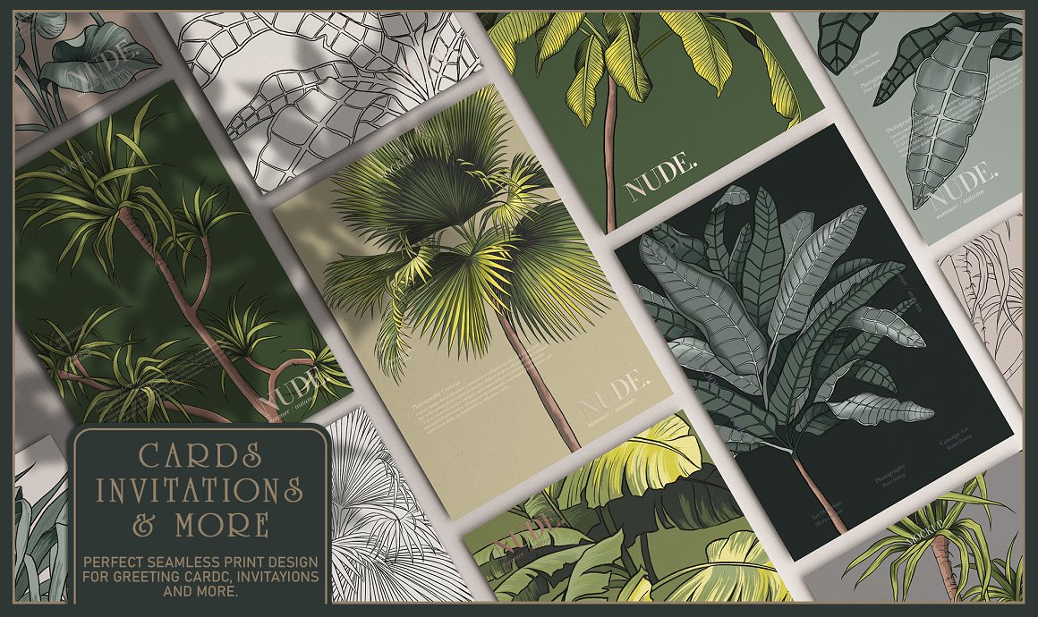 A set of different invitation cards with tropical illustrations.