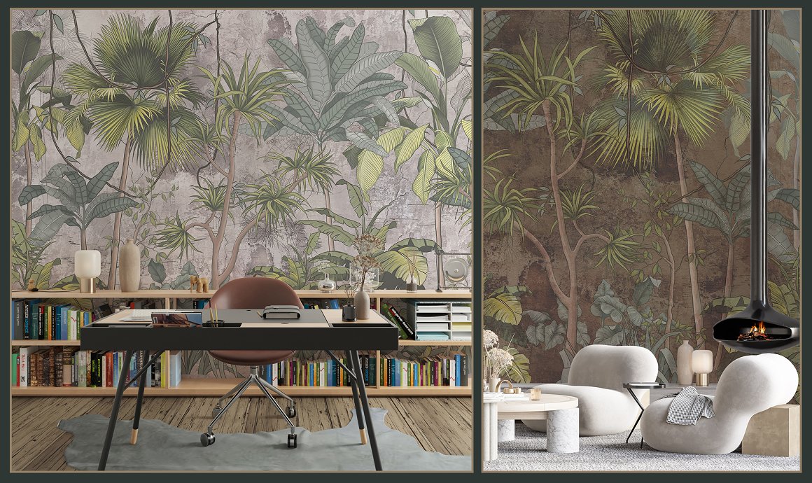 2 examples of a room interior with a wall of tropical plants.