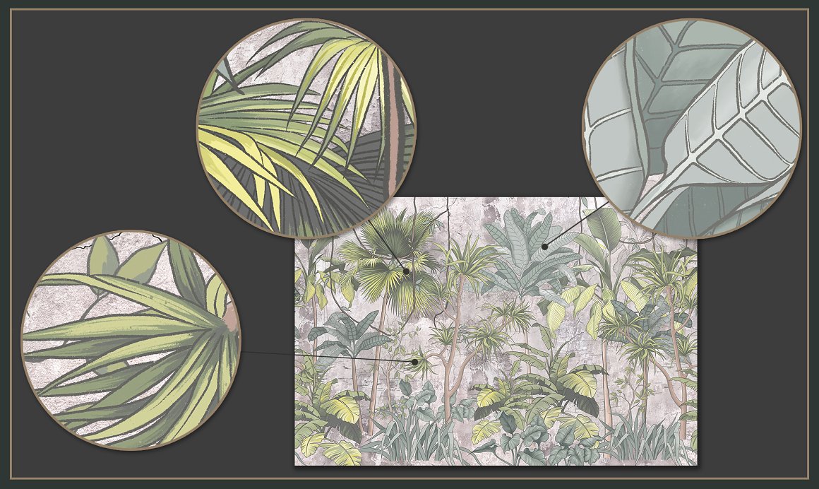 3 close-up examples of tropical mural pattern.