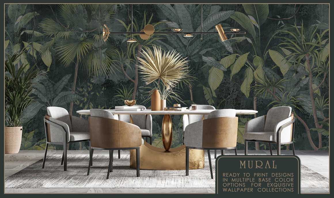 Dining room with tropical wall patterns.