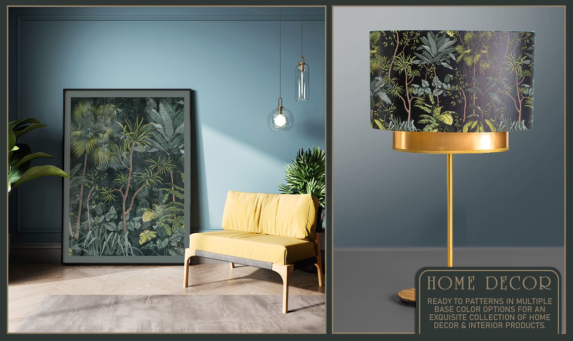 2 home decor examples with tropical patterns.