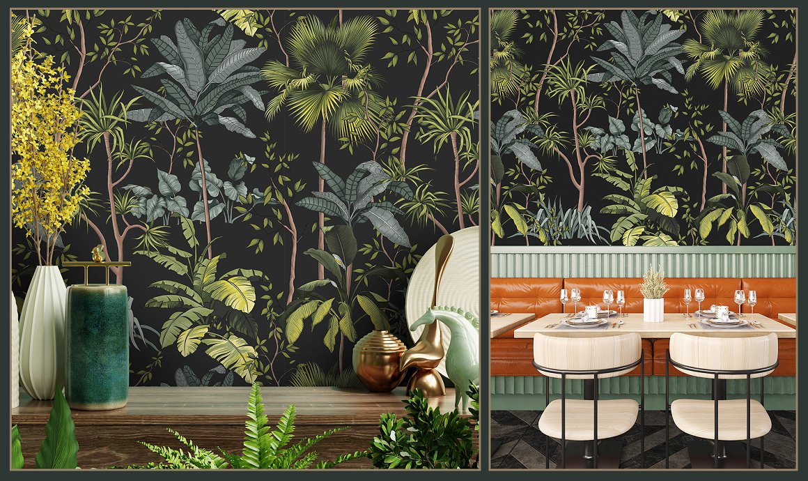 2 modern interior with wall of tropical leaves and plants.