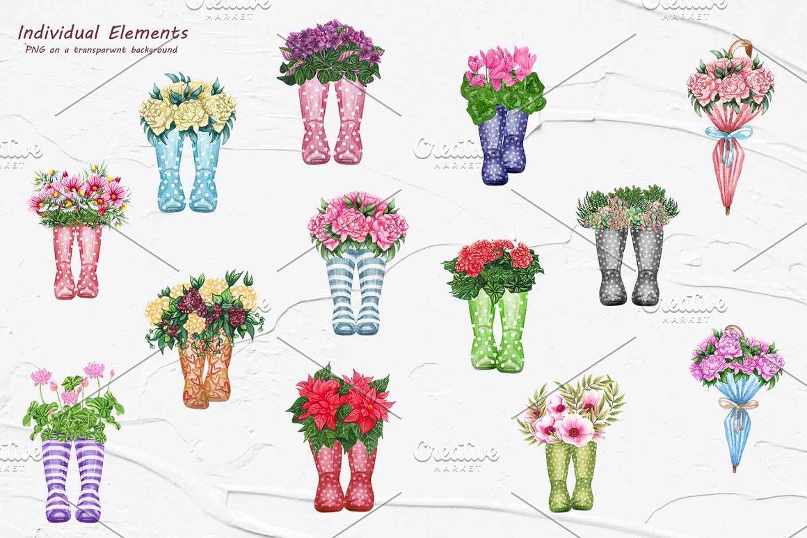 A set of 13 different illustration of floral wellies on a gray background.