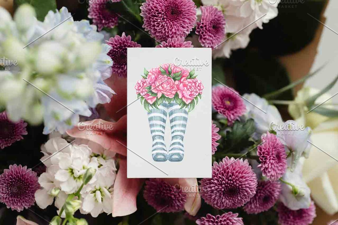 White card with floral wellies illustration on the background of flowers.
