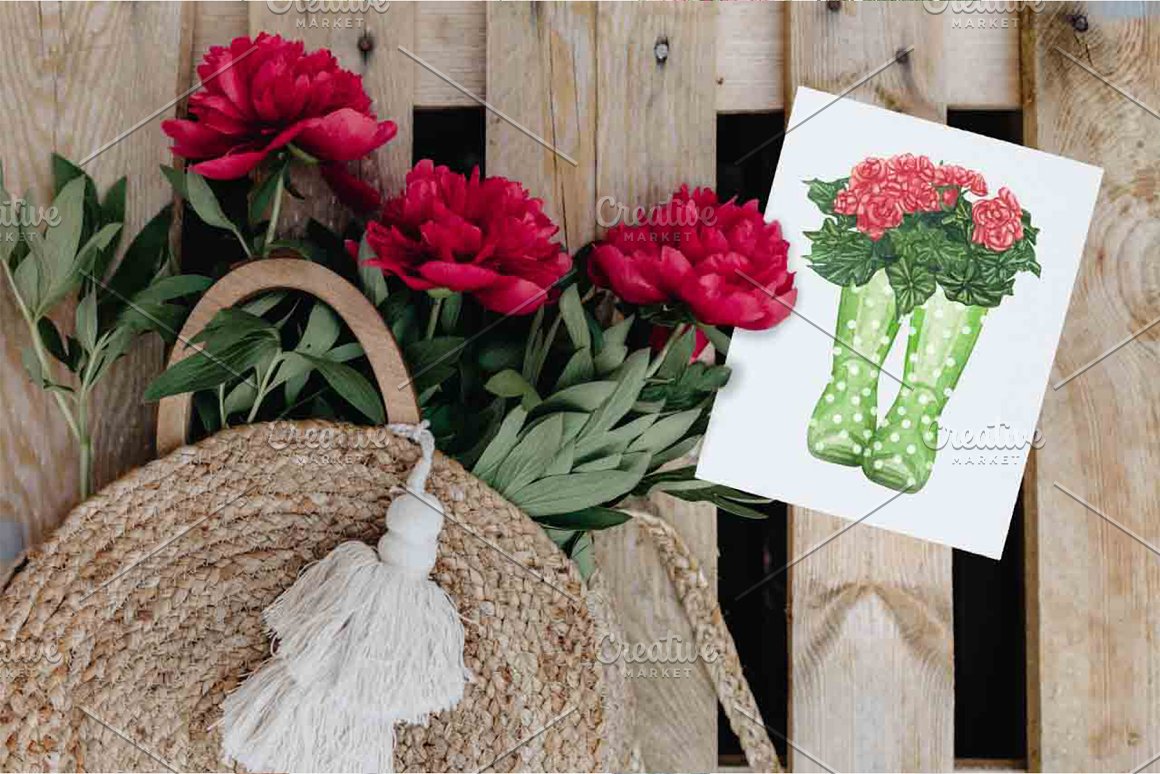 Flowers in bag and white card with floral wellies illustration.