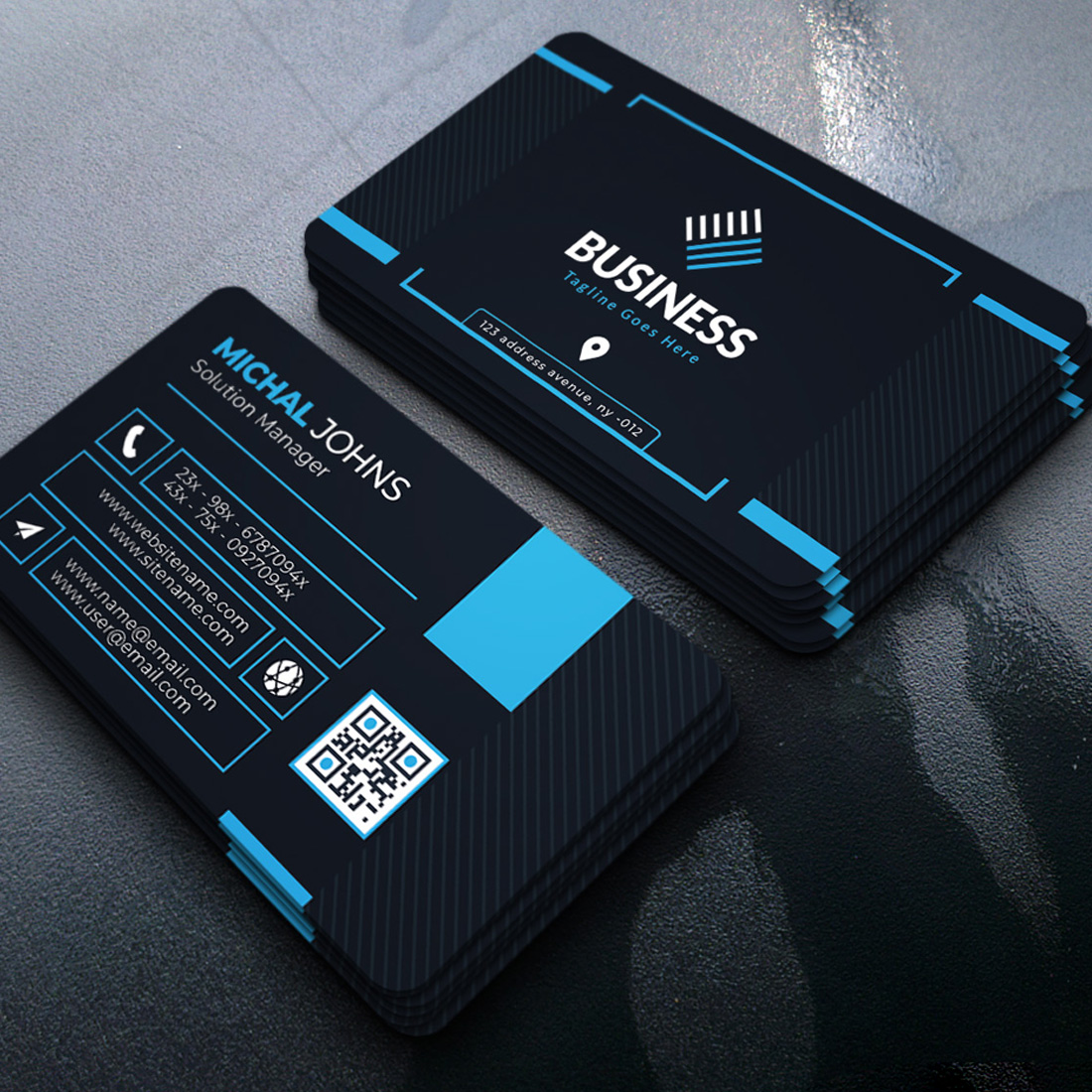 Professional Blue and Dark Blue Corporate Modern Business Card Design Template cover image.