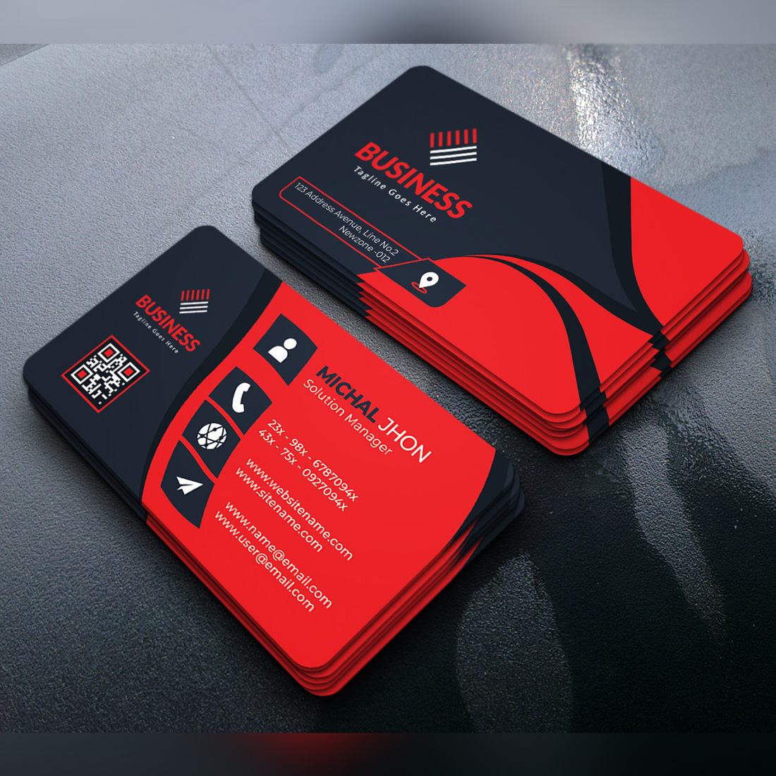 Corporate Red and Dark Modern Business Card Design Template cover image.