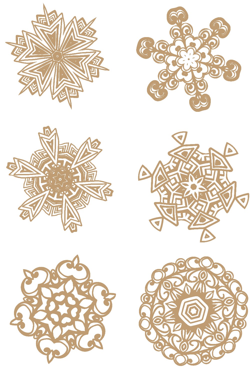 Dusty Gold Cut-outs Snowflakes Mandala Like pinterest image.