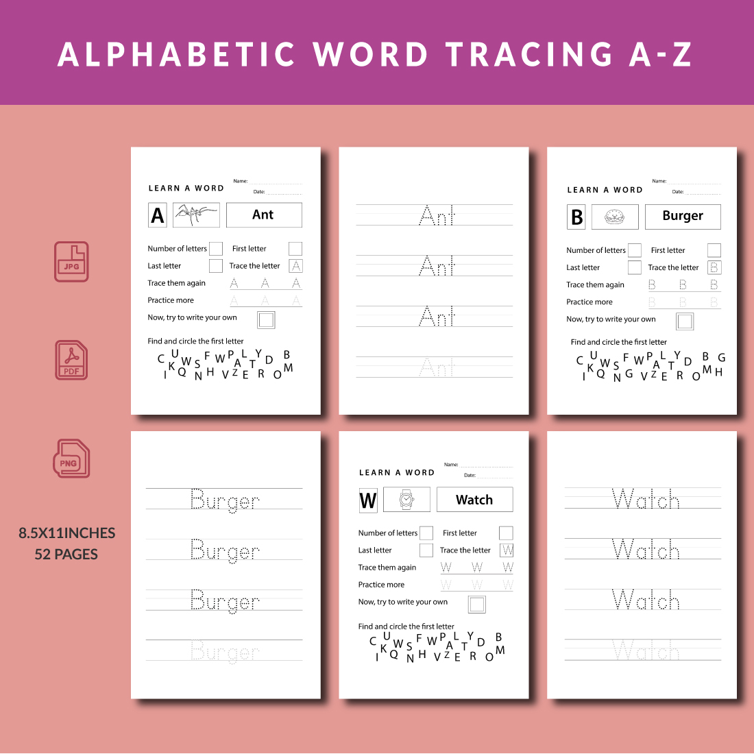 Alphabetic Word Tracing A-Z For Kids main cover.