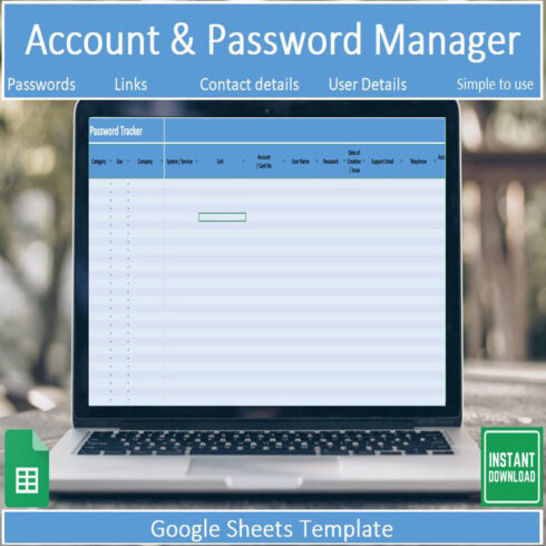 Simple Account & Password Tracker Template Tool for Google Sheets main cover.