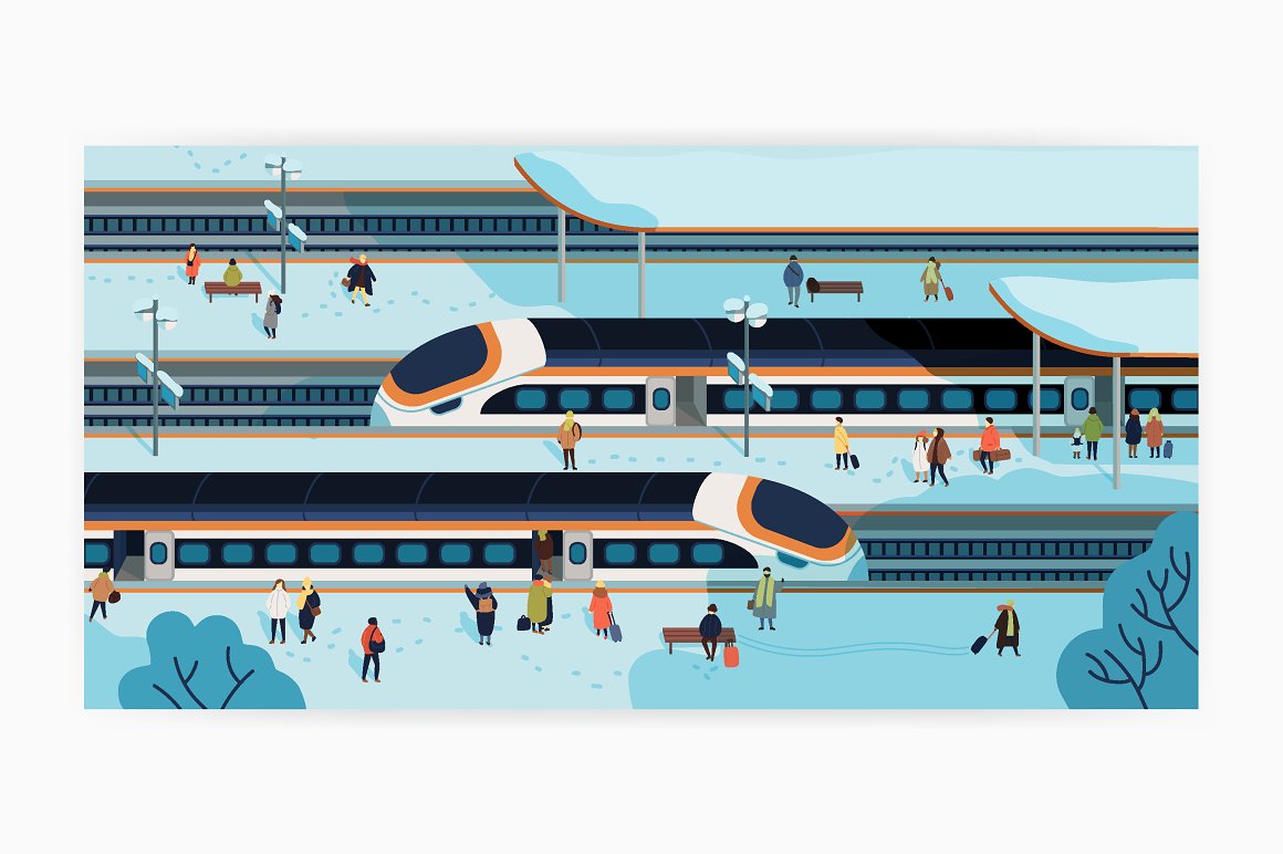 Illustration of railway station on a white background.