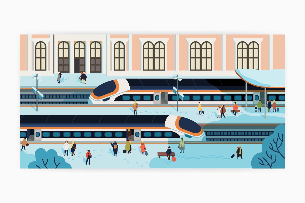 Pink and blue illustration of railway station.