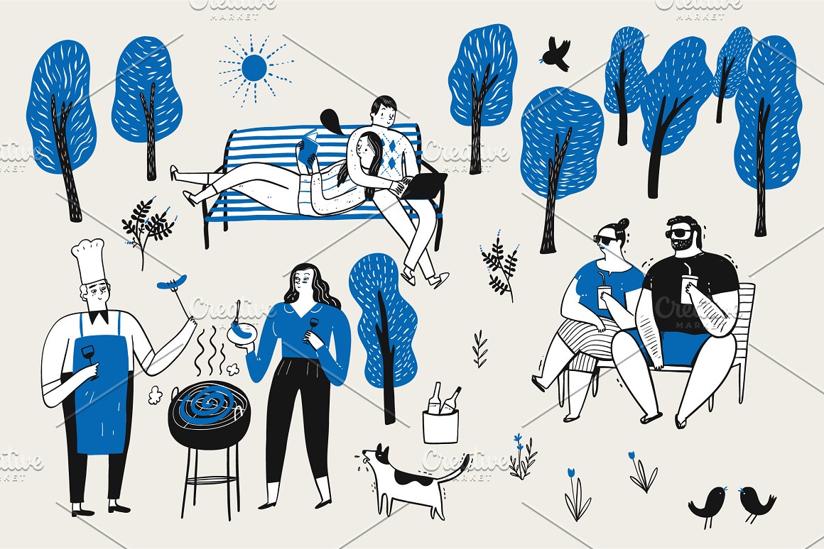 Pack of blue, white and black relaxation illustrations.