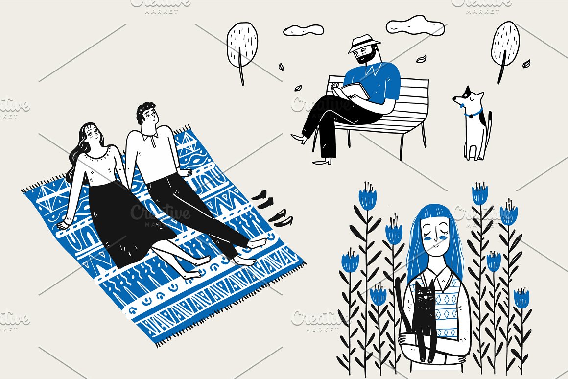 3 beautiful illustrations of relaxation in blue, black and white.